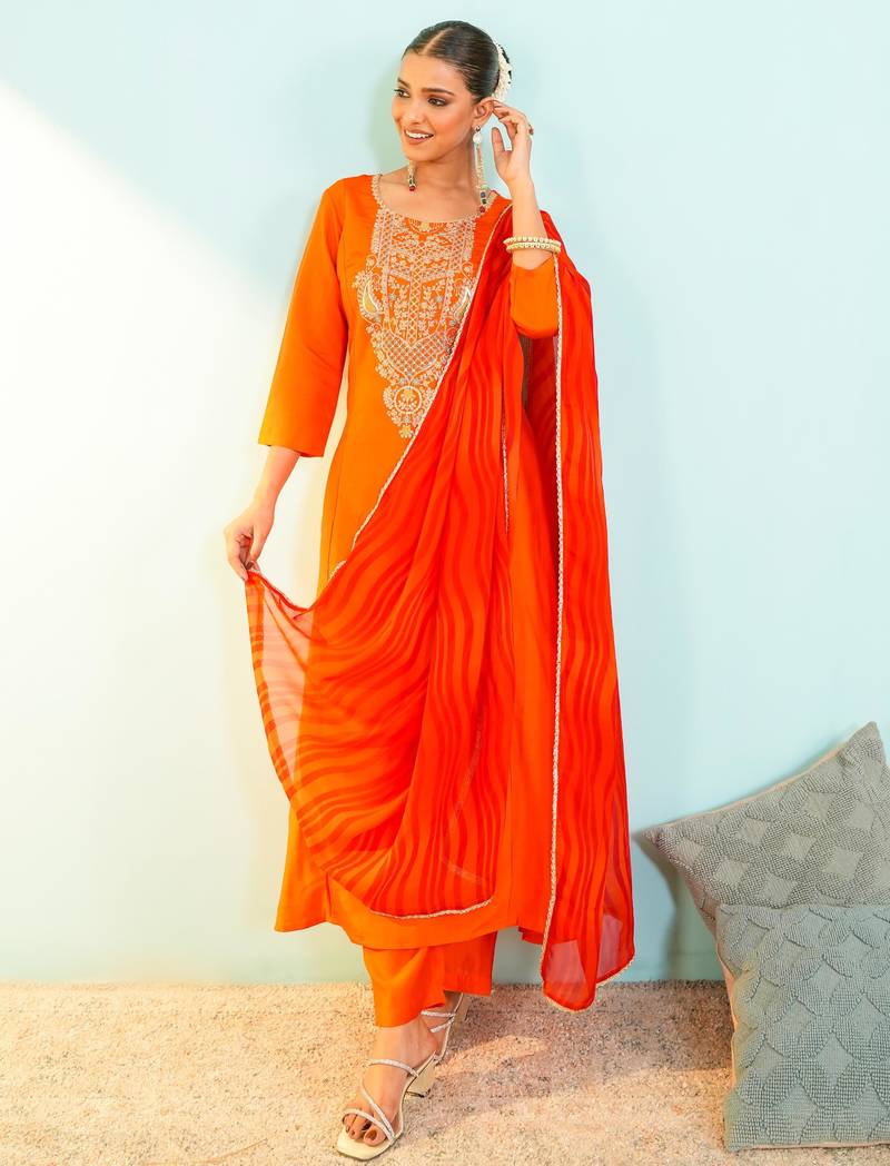 Women's Beautiful Embroidery Work Viscose Silk Fabric Flared Anarkali Pant and Dupatta Set