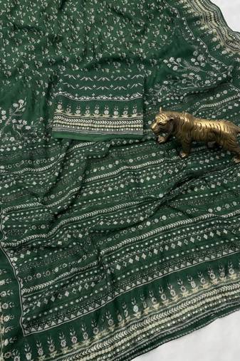 Green Color Prints And  real mirror work georgette Saree