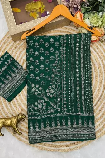 Green Color Prints And  real mirror work georgette Saree
