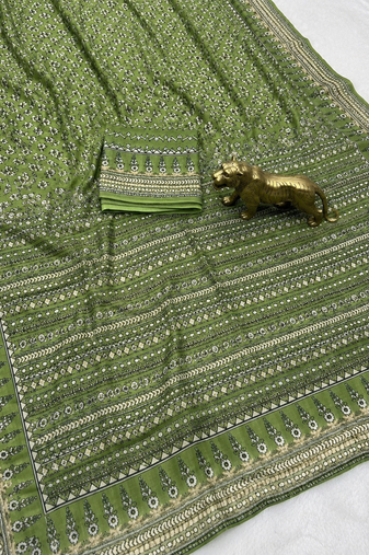 Light Green Color Prints And  real mirror work georgette Saree