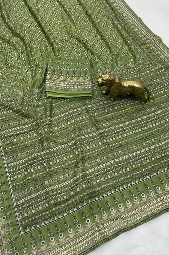 Light Green Color Prints And  real mirror work georgette Saree