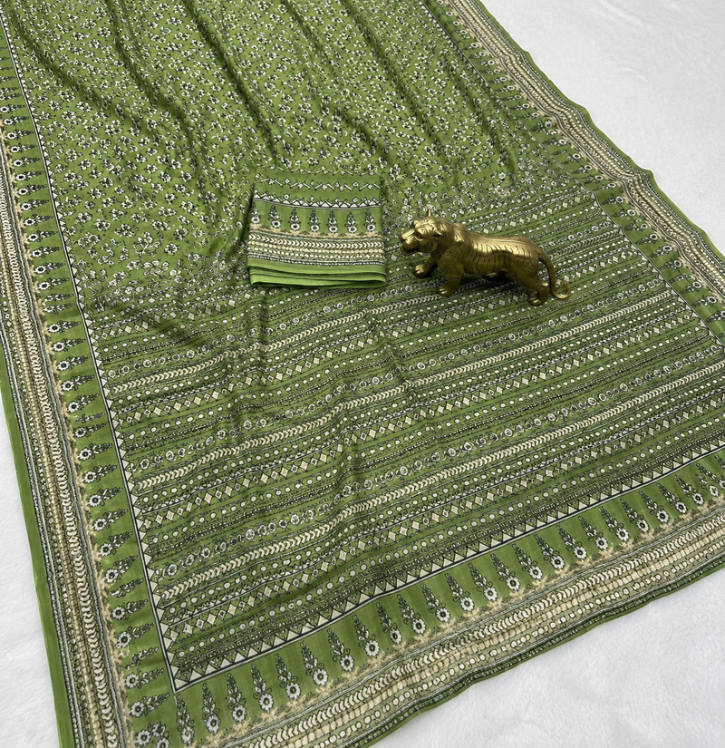 Light Green Color Prints And  real mirror work georgette Saree