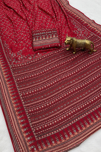 Maroon Color Prints And  real mirror work georgette Saree
