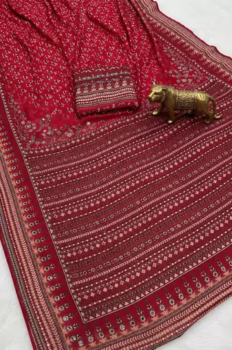 Maroon Color Prints And  real mirror work georgette Saree