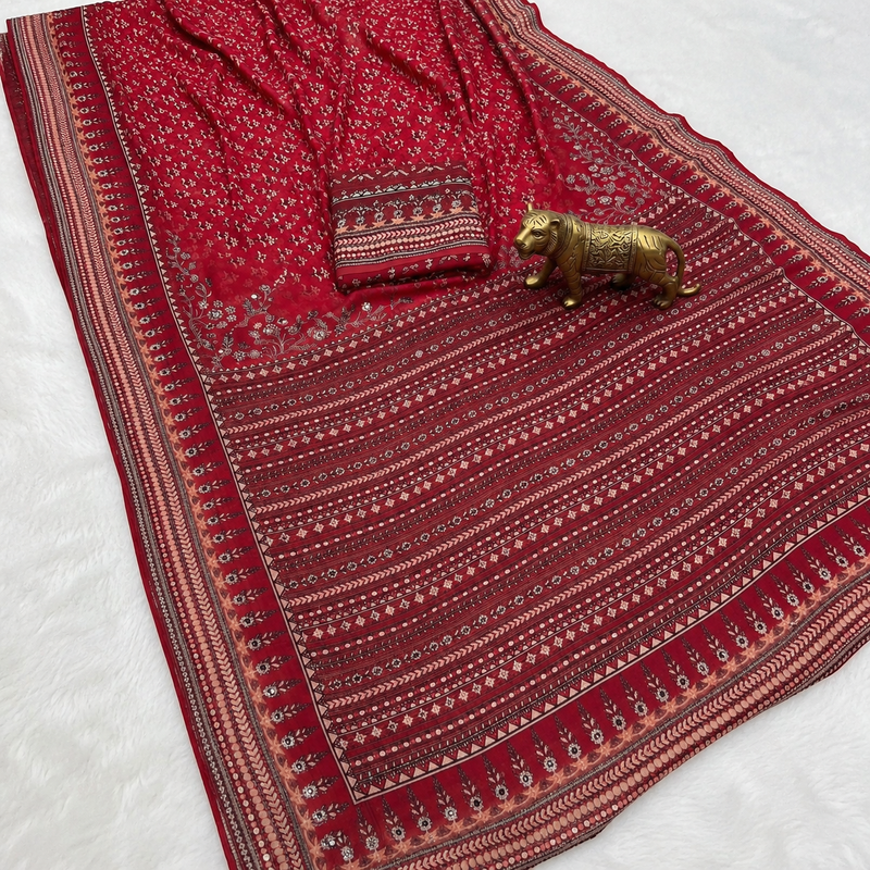Maroon Color Prints And  real mirror work georgette Saree