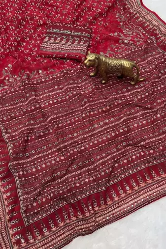 Maroon Color Prints And  real mirror work georgette Saree