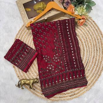 Maroon Color Prints And  real mirror work georgette Saree 3