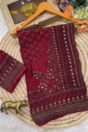 Maroon Color Prints And  real mirror work georgette Saree