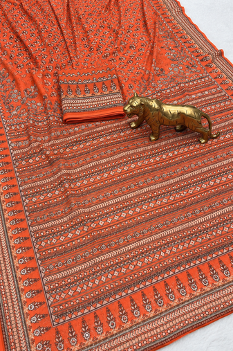 Peach Color Prints And  real mirror work georgette Saree