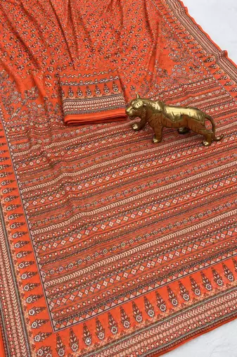 Peach Color Prints And  real mirror work georgette Saree