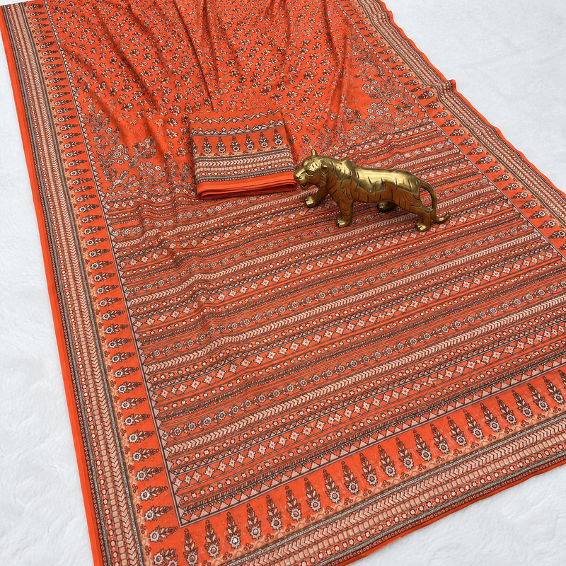 Peach Color Prints And  real mirror work georgette Saree