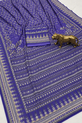 Purple Color Prints And  real mirror work georgette Saree