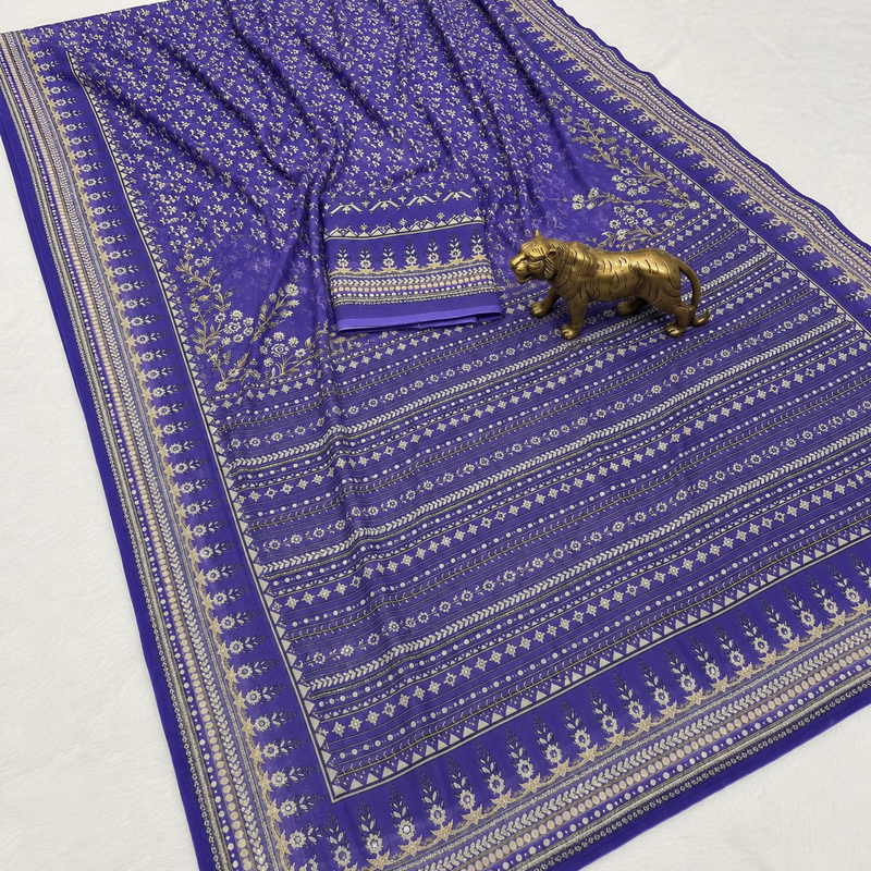 Purple Color Prints And  real mirror work georgette Saree
