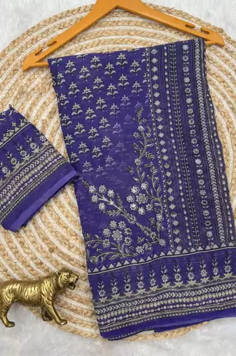 Purple Color Prints And  real mirror work georgette Saree