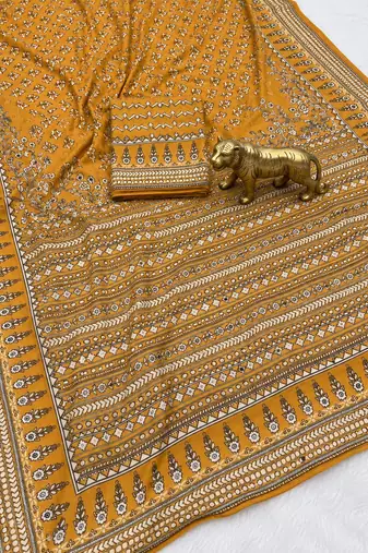 Yellow Color Prints And  real mirror work georgette Saree