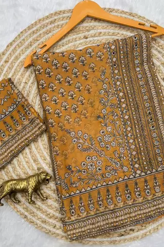 Yellow Color Prints And  real mirror work georgette Saree