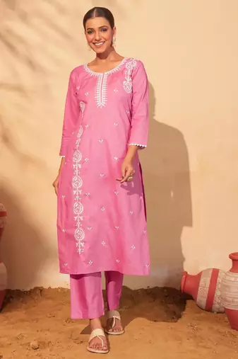 Women's Beautiful Thread Work Pure Cotton Fabric Straight Kurta Pant and Dupatta Set