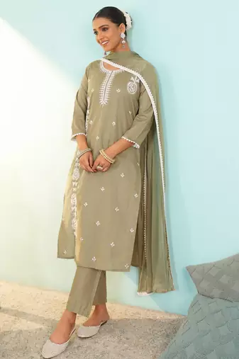 Women's Beautiful Thread Work Pure Cotton Fabric Straight Kurta Pant and Dupatta Set