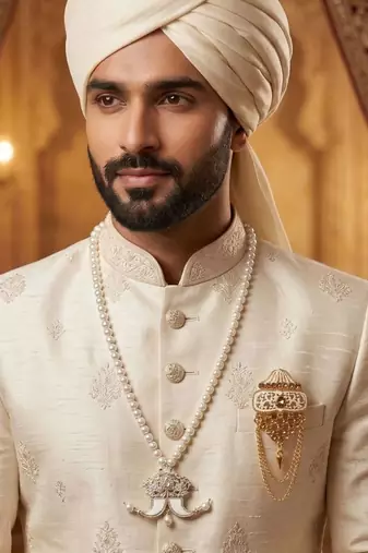 Single-line dulha mala with gold plated brooch
