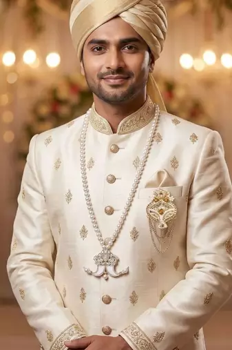 Single-line dulha mala with gold plated brooch