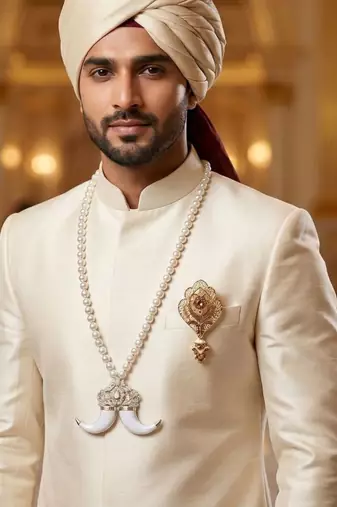 Single-line dulha mala with gold plated brooch
