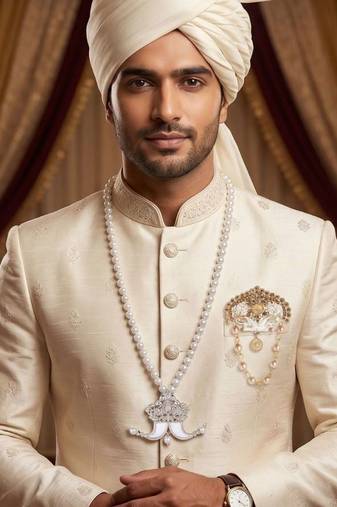 white one-layerd groom mala brooch – gold plated 
