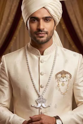 Single-line dulha mala with gold plated brooch
