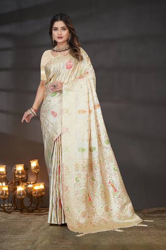 Cream Satin Silk Saree with Zari & Multicolor Thread Woven Traditional Motifs and Rich Border