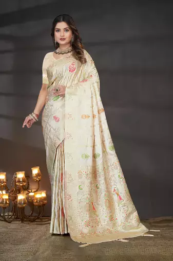 Cream Satin Silk Saree with Zari & Multicolor Thread Woven Traditional Motifs and Rich Border