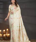 Cream Satin Silk Saree with Zari & Multicolor Thread Woven Traditional Motifs and Rich Border