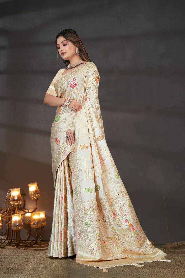 Cream Satin Silk Saree with Zari & Multicolor Thread Woven Traditional Motifs and Rich Border