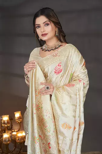 Cream Satin Silk Saree with Zari & Multicolor Thread Woven Traditional Motifs and Rich Border