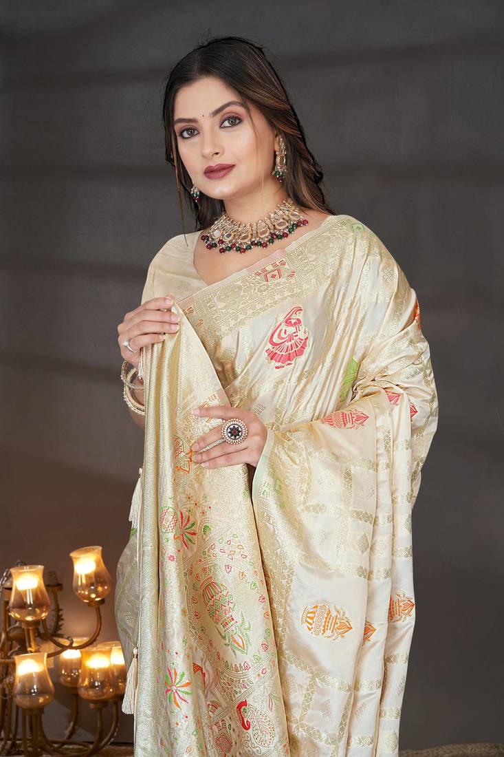 Cream Satin Silk Saree with Zari & Multicolor Thread Woven Traditional Motifs and Rich Border