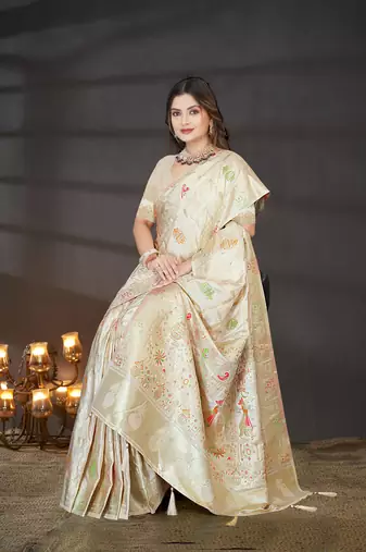 Cream Satin Silk Saree with Zari & Multicolor Thread Woven Traditional Motifs and Rich Border
