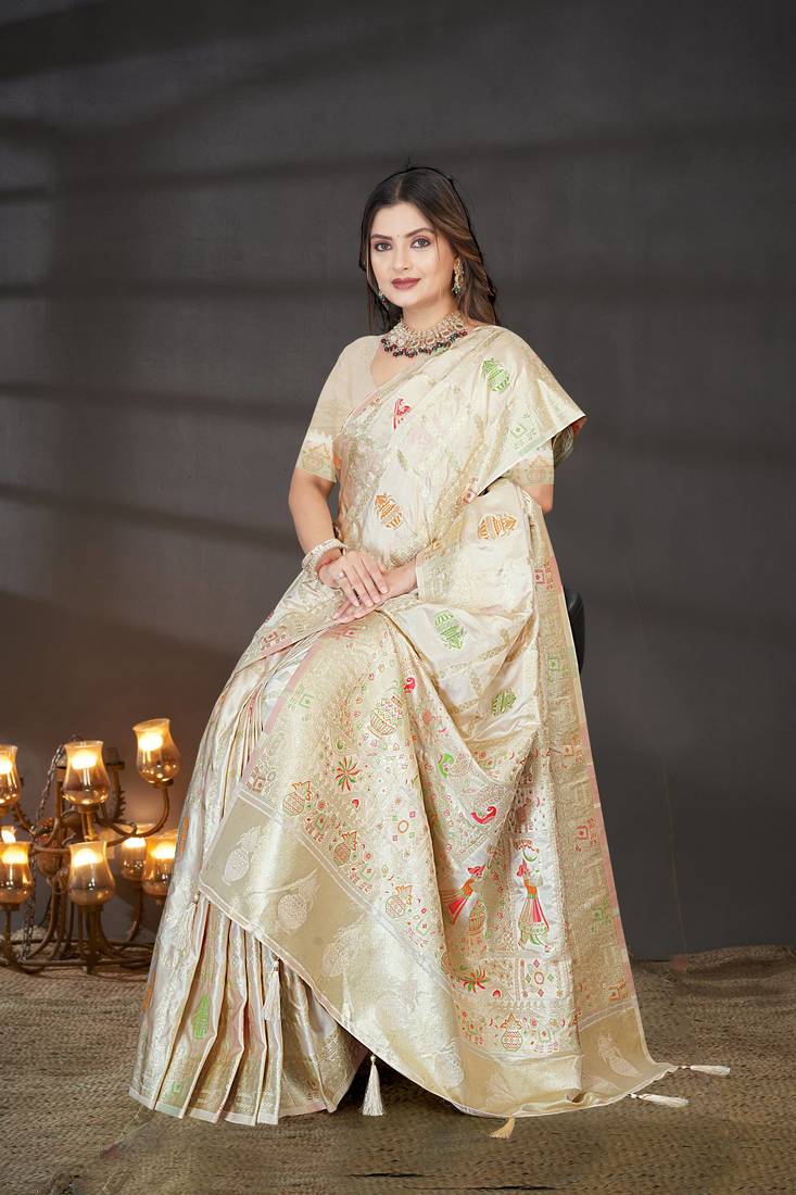 Cream Satin Silk Saree with Zari & Multicolor Thread Woven Traditional Motifs and Rich Border