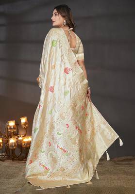 Cream Satin Silk Saree with Zari & Multicolor Thread Woven Traditional Motifs and Rich Border 5