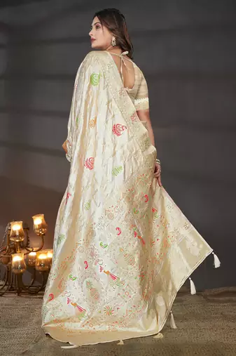 Cream Satin Silk Saree with Zari & Multicolor Thread Woven Traditional Motifs and Rich Border