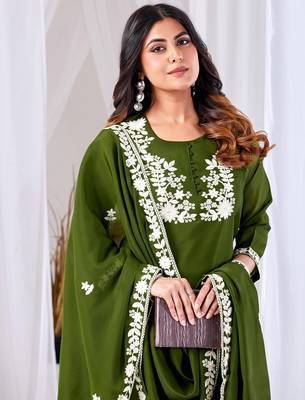 Olive green embroidered mul kurta palazzo dupatta set 2