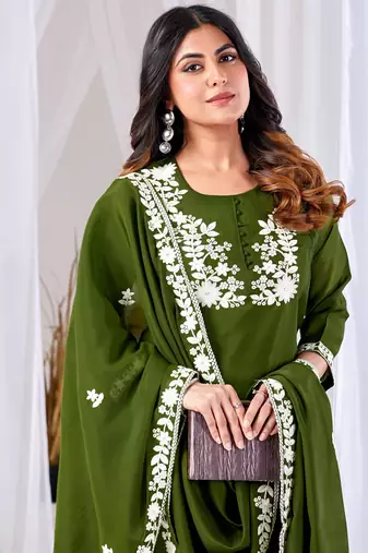 Olive green embroidered mul kurta palazzo dupatta set