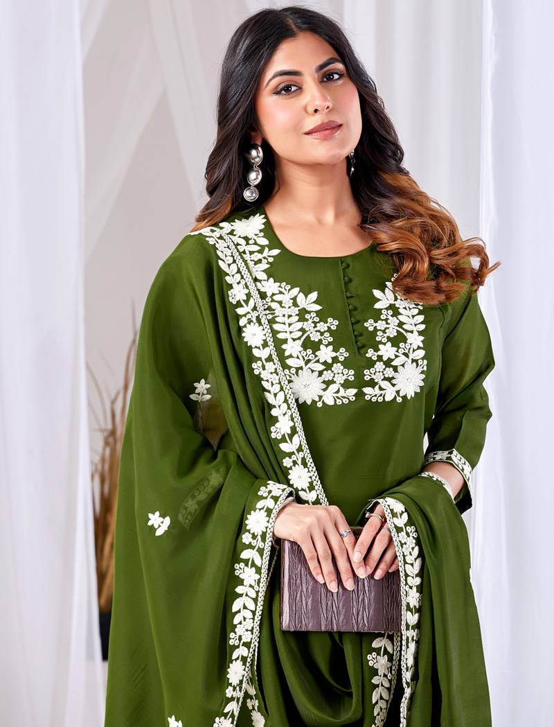 Olive green embroidered mul kurta palazzo dupatta set