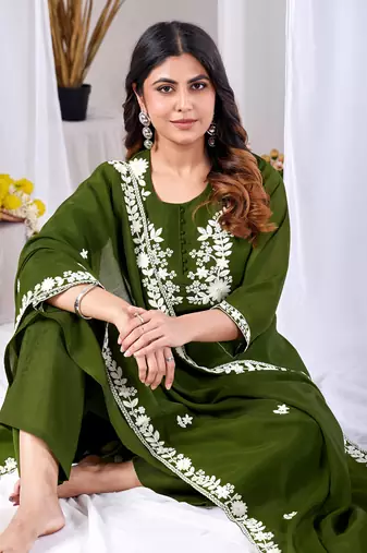 Olive green embroidered mul kurta palazzo dupatta set