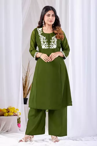 Olive green embroidered mul kurta palazzo dupatta set
