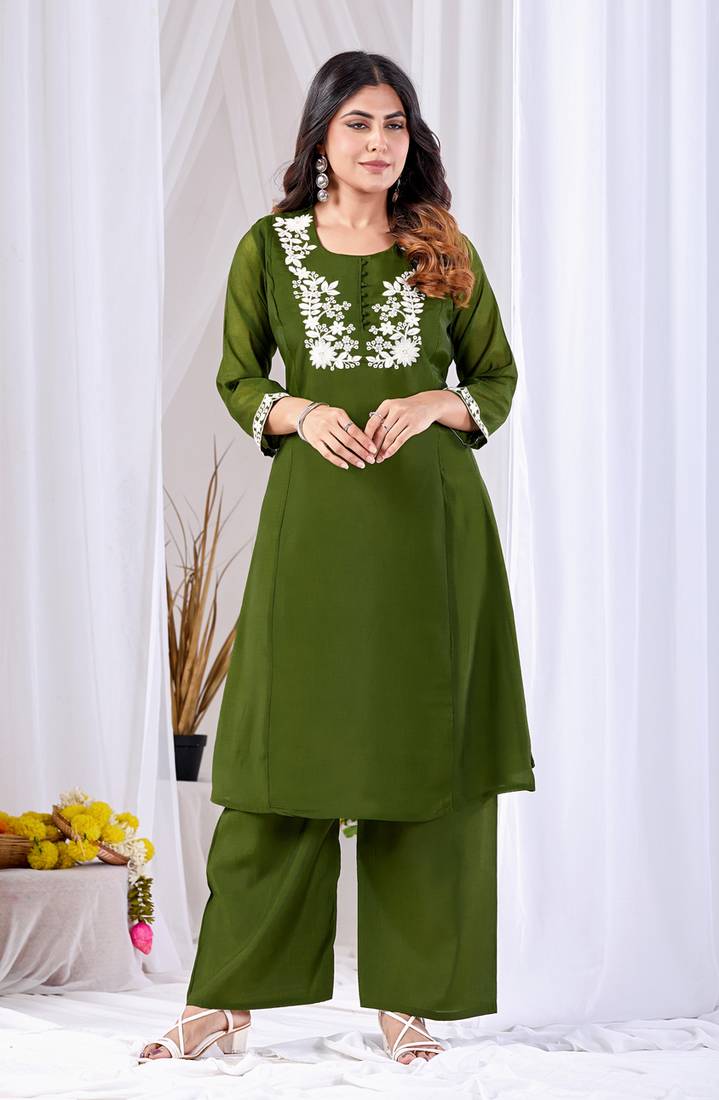 Olive green embroidered mul kurta palazzo dupatta set