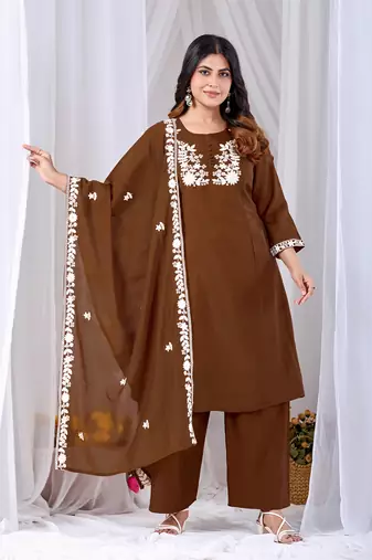 Brown embroidered mul kurta palazzo dupatta set