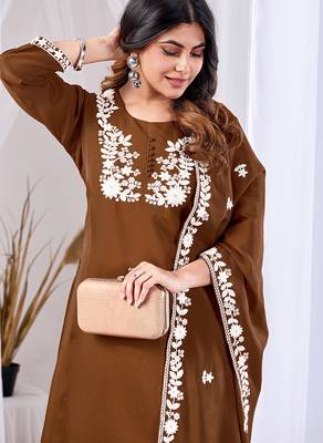 Brown embroidered mul kurta palazzo dupatta set 4