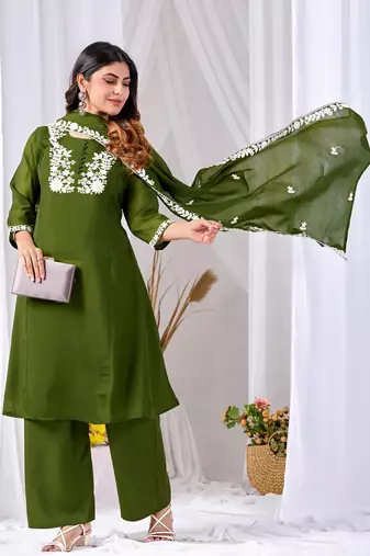 Olive green embroidered mul kurta palazzo dupatta set