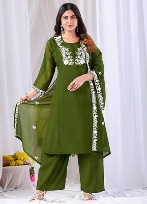 Olive green embroidered mul kurta palazzo dupatta set 6