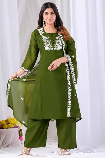 Olive green embroidered mul kurta palazzo dupatta set
