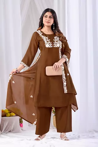 Brown embroidered mul kurta palazzo dupatta set