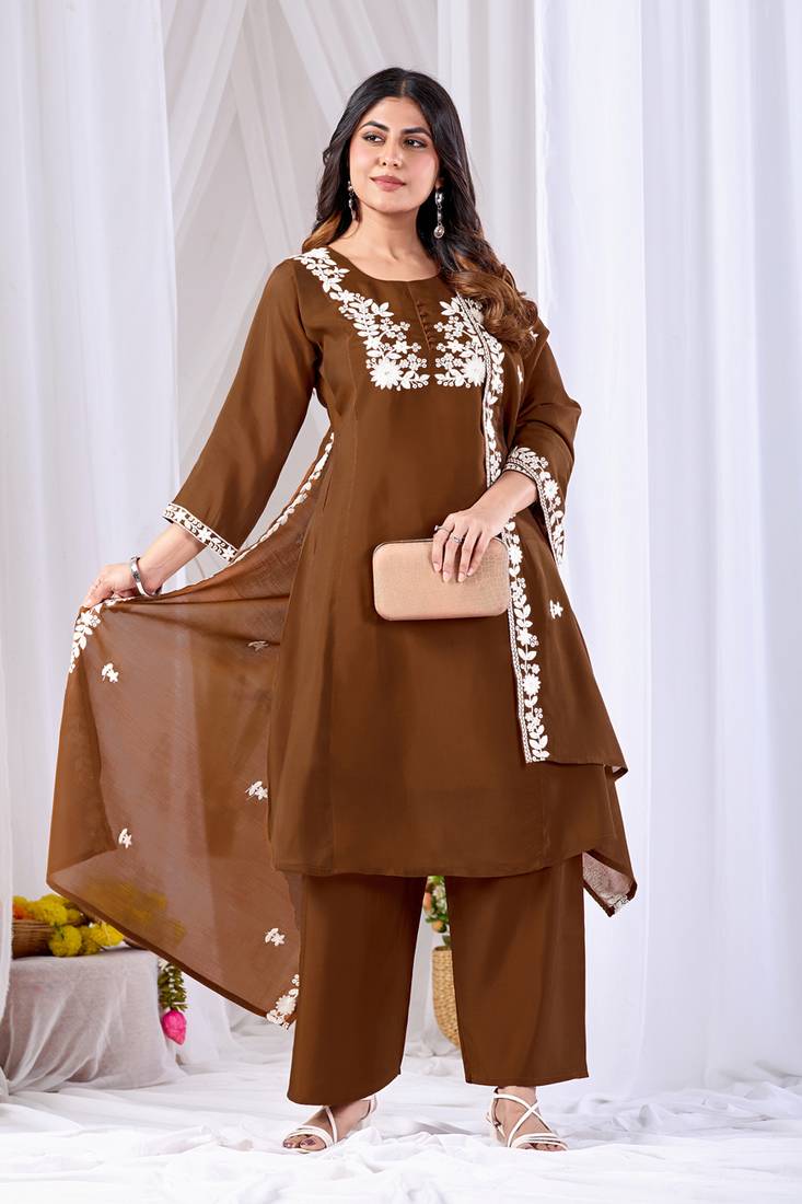 Brown embroidered mul kurta palazzo dupatta set